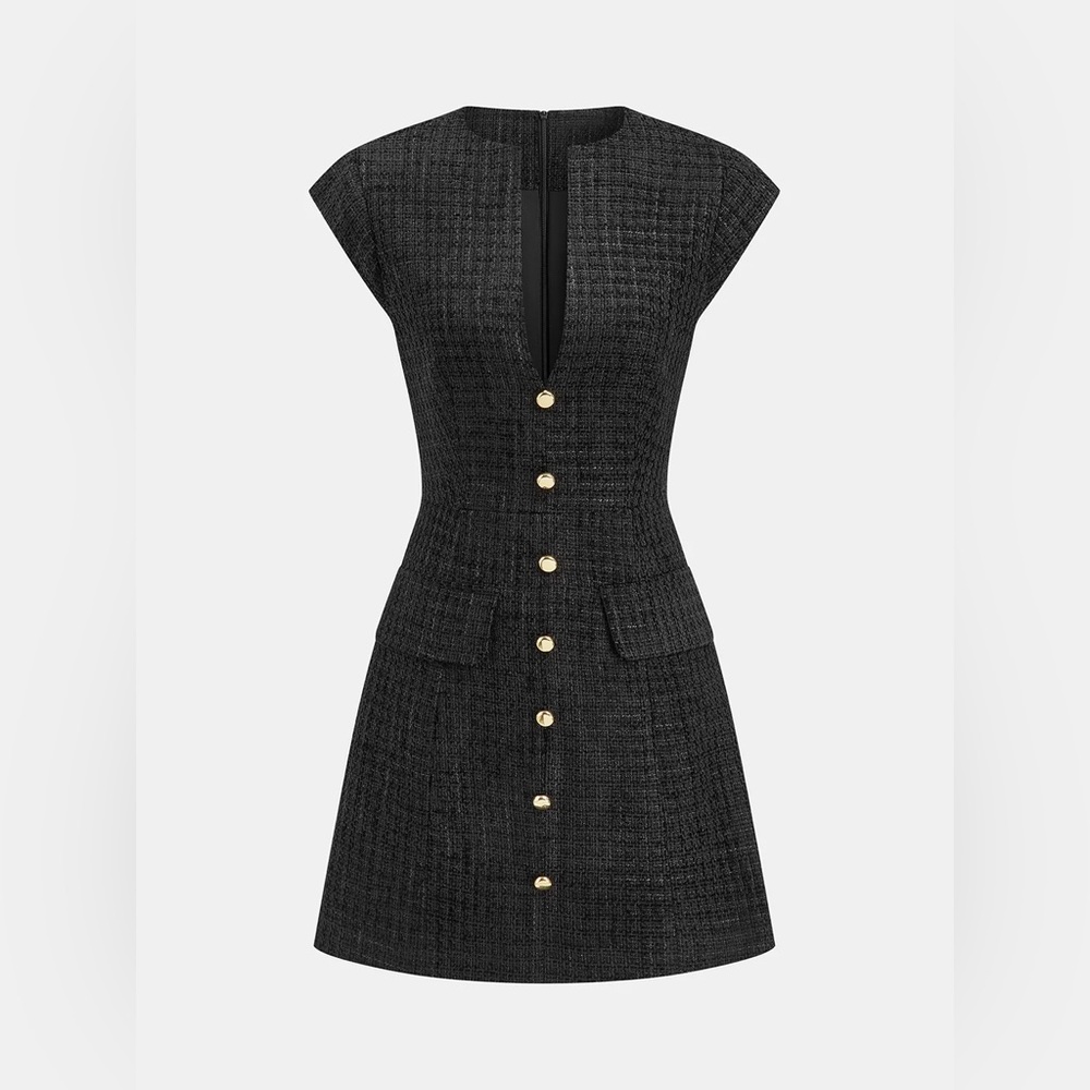 COMMENSE Metal Button Tweed Sleeveless Mini Dress - size XSmall - Picture 2 of 6